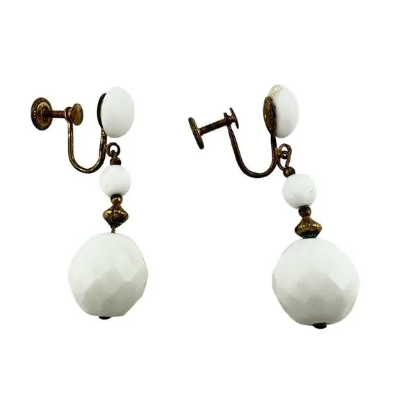 Vintage Milk Glass Gold Tone Beaded Dangle Drop Screw Back 1.75" Earrings - Picture 3 of 4
